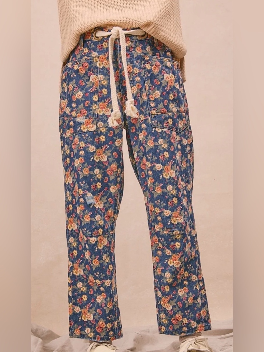 BiBi Floral Rope Belt Barrel Jeans
